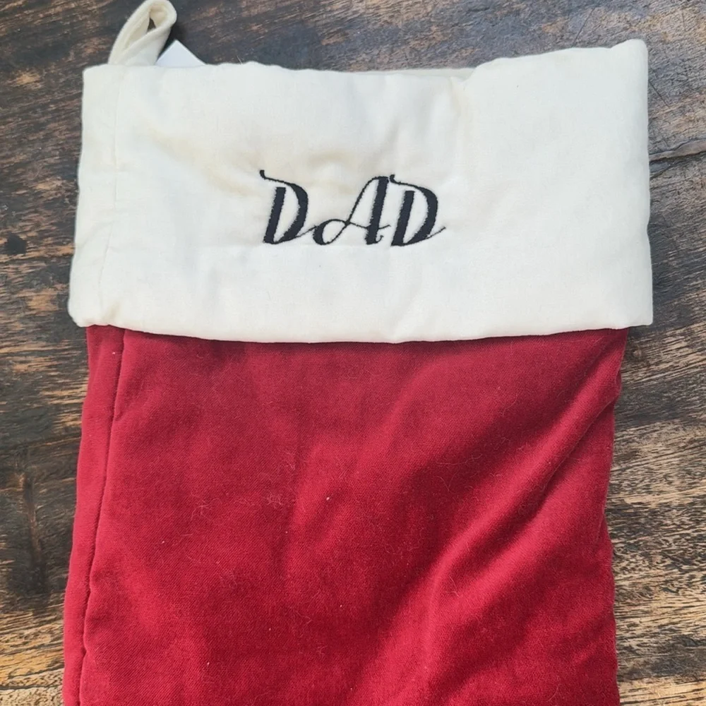 Pottery Barn Red Velvet Christmas Stocking with DAD embroidered on it NWT